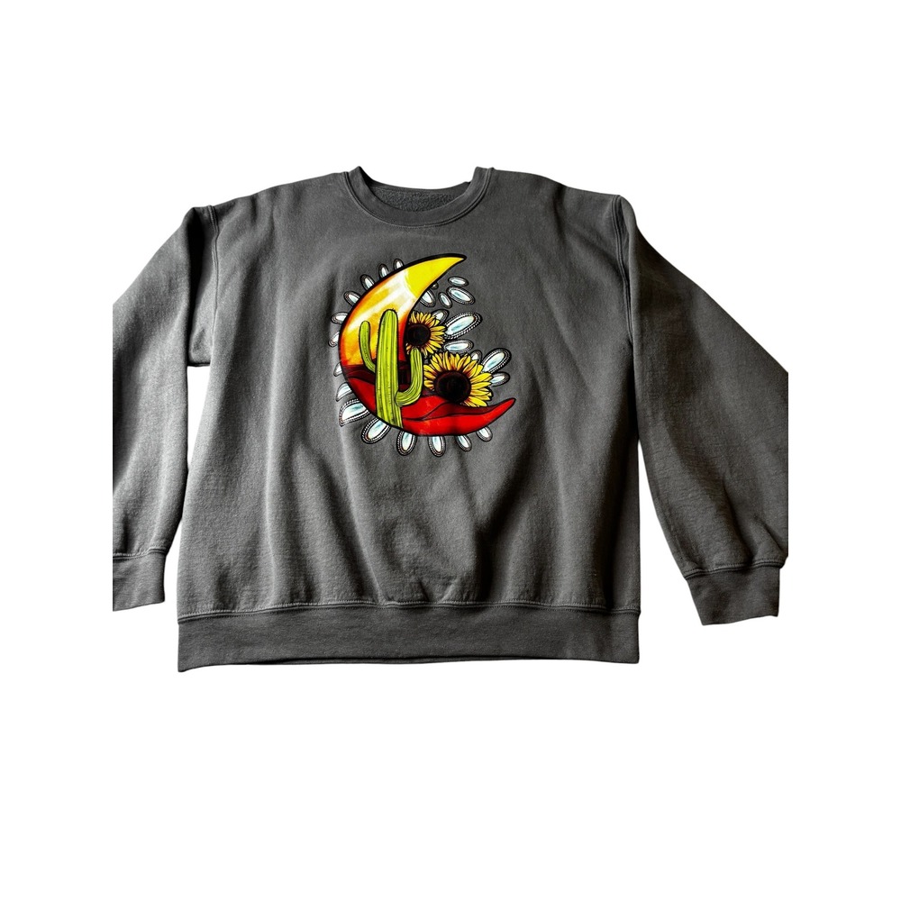 Womens Western Desert Moon Cactus Sunflower Graphic Sweatshirt Charcoal Gray XL